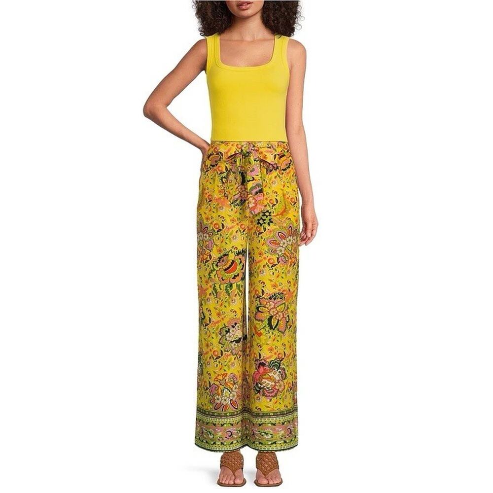 NWT Gibson & Latimer Pull On Casual Wide Leg Pants Linen Blend Floral Belt Sz S